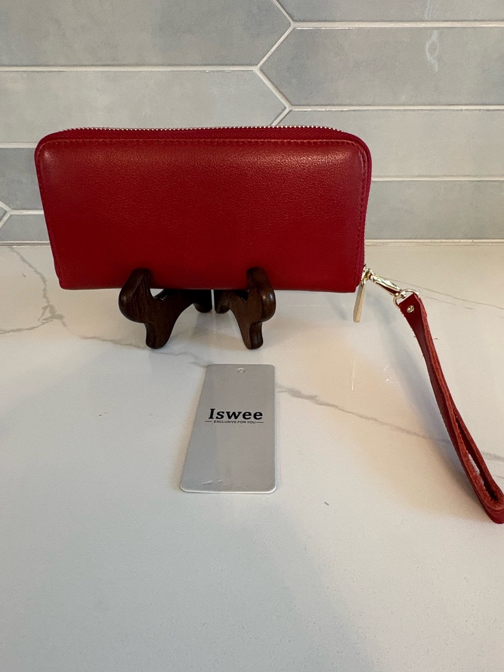 Iswee Red Genuine Leather Zip-Around Long Wallet Wristlet Clutch NWT